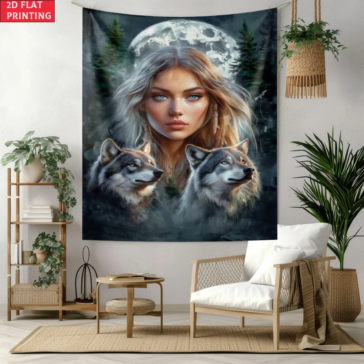 Wolf Goddess Tapestry, Mystical Woman with Wolves Under Full Moon Wall Hanging, Fantasy Room Decor Extra large size