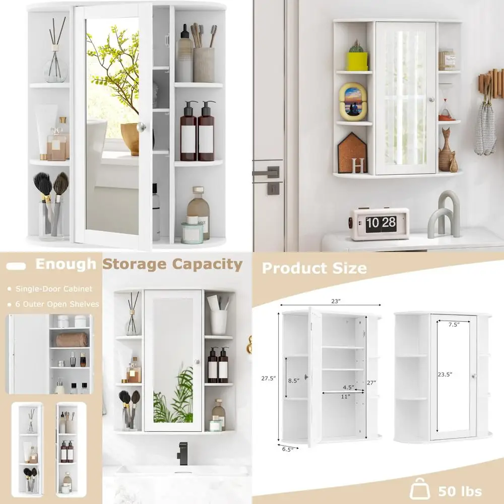 

шкаф над унитазом с зеркалом, одной дверью, 3 регулируемыми и 6 фиксированными полками для стены ванной комнаты.