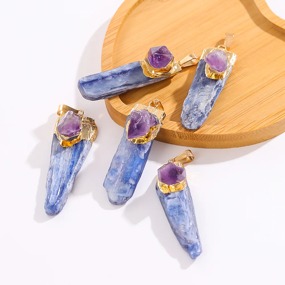 

10pc Natural Raw Amethyst Inset Blue Quartz Stone Pendant Crystal Pillar Strip Charms for Necklace Earrings Jewelry Making Acc