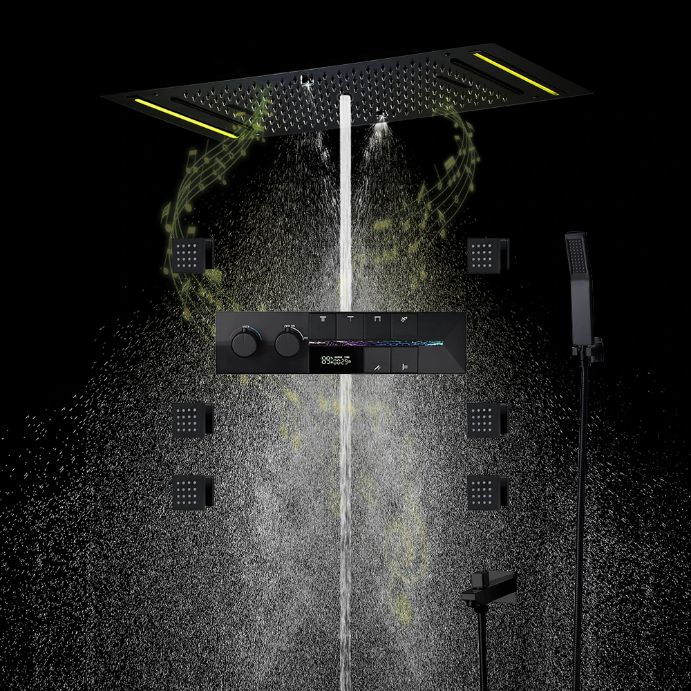 Qlonn Bathroom Luxurious Matte Black Shower Set System Feature Thermostatic Valve Ceiling Rainfall Shower Head Powerful Body Jet