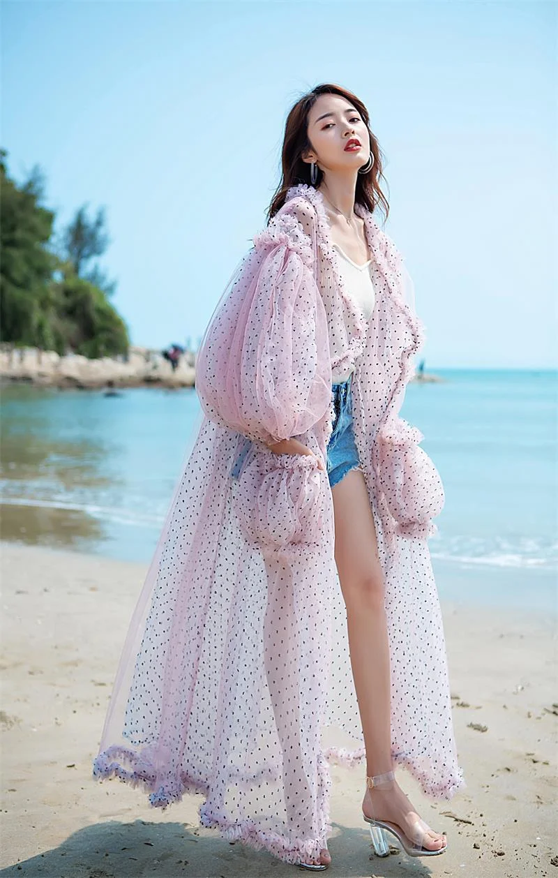 SuperAen Summer Seaside Holiday Gauze Smock Lantern Sleeve Cardigan Loose Coat Beach Sunscreen Clothing Womens Tops