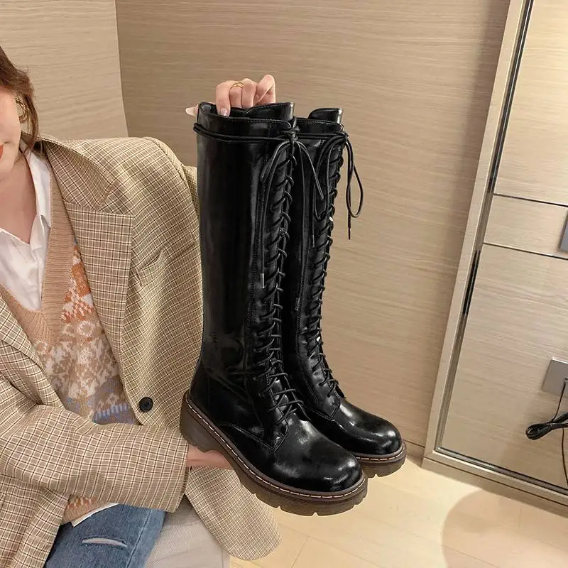 Krazing Pot Vintage Cow Split Leather Wool Snow Boots Winter Keep Warm Round Toe Cross-tied Med Heels Platform Thigh High Boots