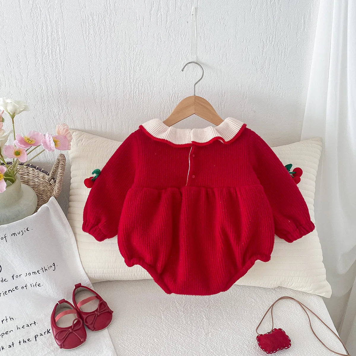 2024 Winter Baby Girls Rompers Cherry Patched Plus Velvet Ruffle Collar Newborn Girls Bodysuit Infant Girls Onesies Outfits