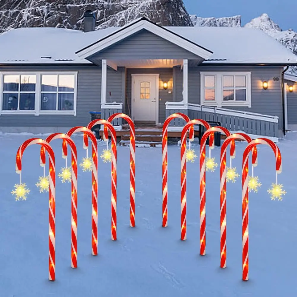 LED Solar Christmas Lights Outdoor Candy Cane, Lighted Red & White Striped Stakes with Hanging Snowflake for Driveway Walkway