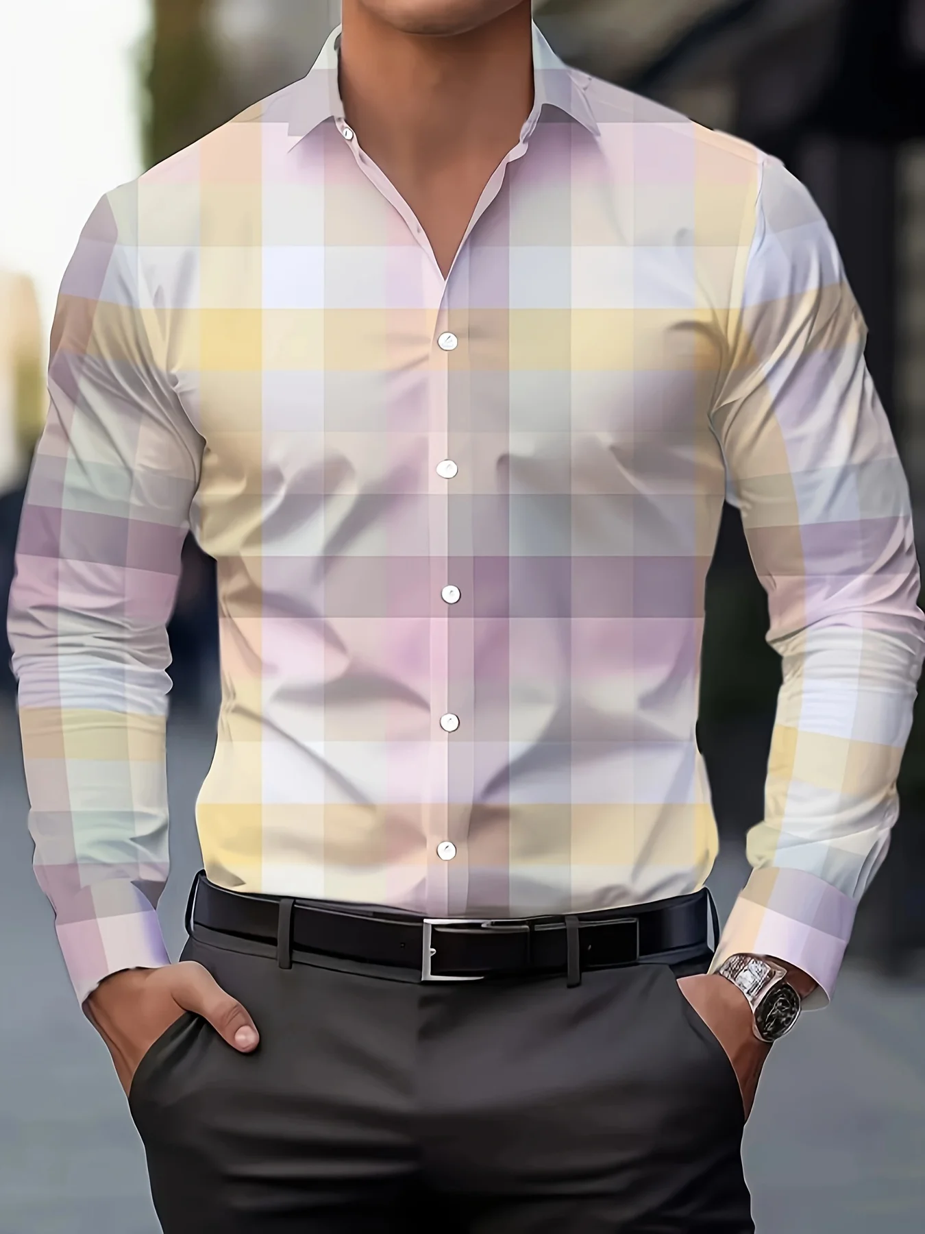 Men's Spring Autumn Casual Fashion Button-Up Shirt Pastel Color Plaid Checkered Print Long Sleeve Top Daily Business Men Clothes