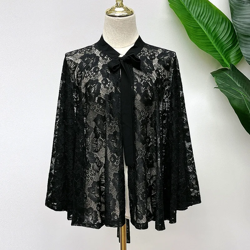 2022 Spring Summer New Lady Cape Peony Flower pattern Shawl Sunscreen Hollow Outer Female Cloak Women Poncho Capes Black