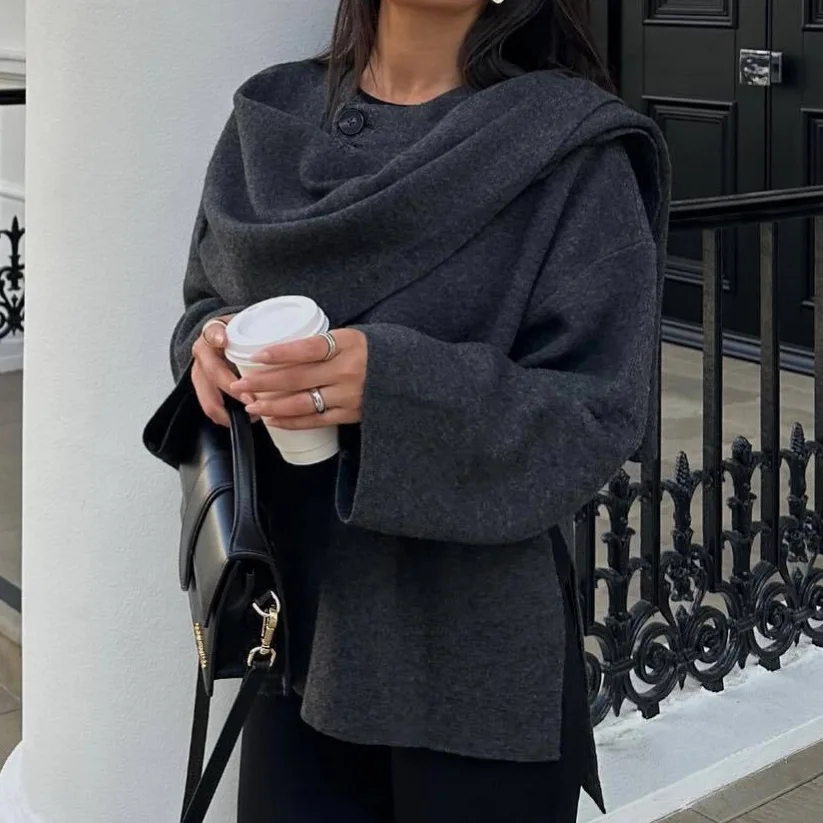 Chaquetas de lana de un solo pecho para mujer, abrigo holgado de manga larga con cuello vuelto a la moda, prendas de vestir clásicas para oficina, color gris elegante