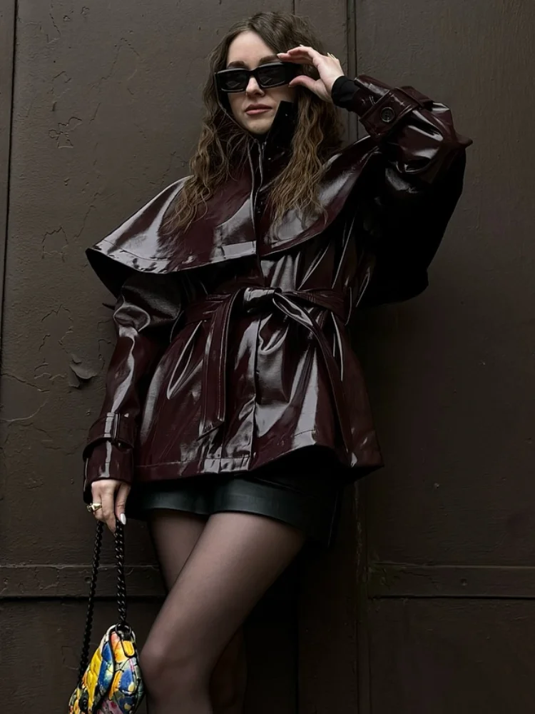 

Модная кожаная куртка на плечо со шнуровкой, женская шикарная куртка с воротником-стойкой и длинным рукавом, тонкое пальто, женская осенняя повседневная уличная верхняя одежда