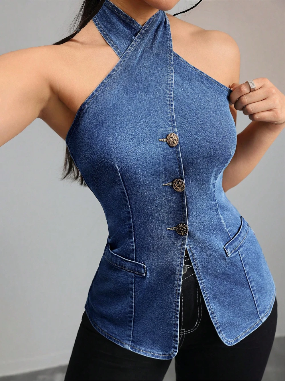 2026 new neck hanging sleeveless denim top sexy cross breasted slim fit vest Y2K spicy girl style street fashion personality ins