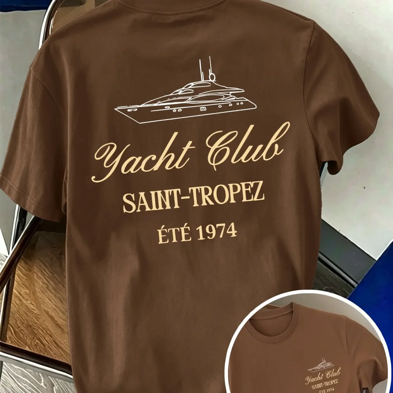 Nautical Yacht Graphic Print Men O‑neck Short Sleeve T‑shirt Casual Summer Loose Navy Blue Tops Unisex Daily Wear Tees