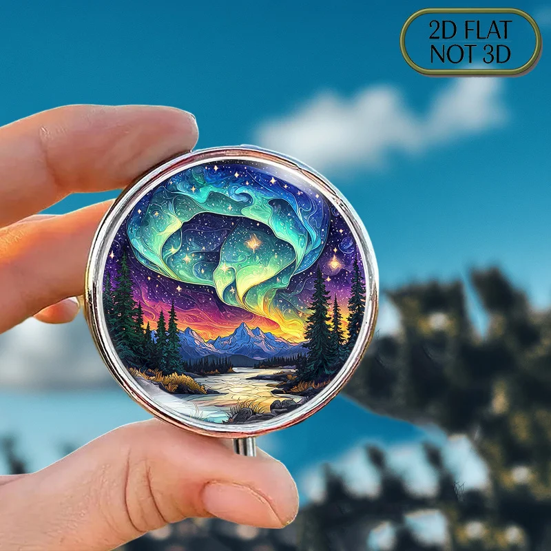 1pc flat portable round metal pill box, featuring a colorful aurora borealis design, is perfect for organizing your medication and supplements, ideal for multi-functional storage of vitamins, and great for storing small coins or for travel needs