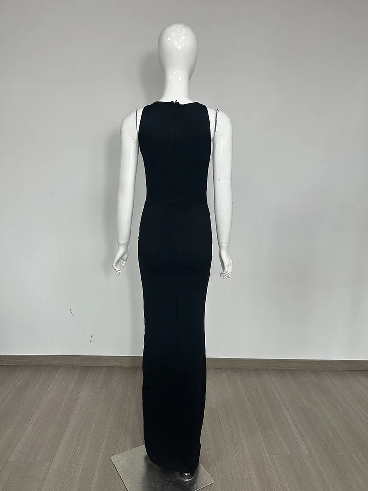 Sexy Ärmelloses O-Ausschnitt Cut Out Langes Kleid Frauen Elegante Schwarze Diamanten Quasten Aushöhlen Bodycon Runway Abend Party Kleider