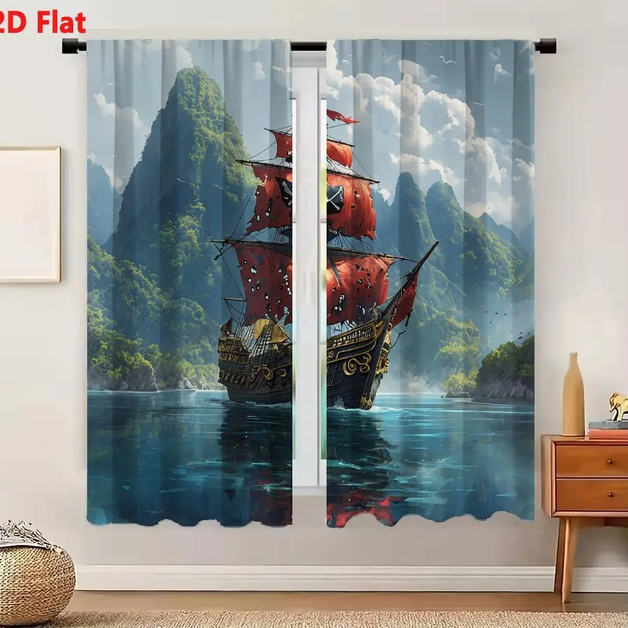 2Pcs Curtains 2D Flat Large Ornate Pirate Sailing Ship With Crimson Tattered Sails And Black Skull Flag On Turquoise Waters Wind
