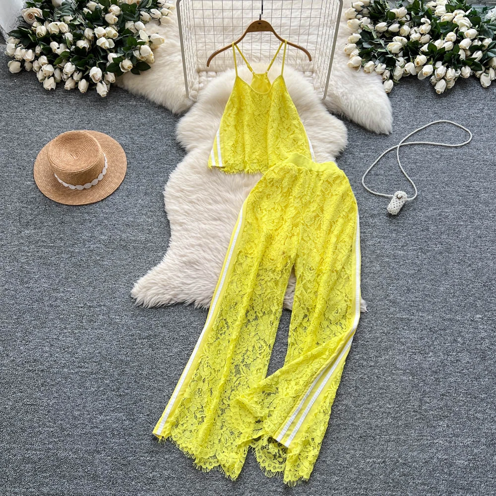 

Women Two Pieces Sets Spliced lace Off Shoulder Slip Top and Fashion Hotsweet High Waist Elastic Waist Wide Leg Pant Sets