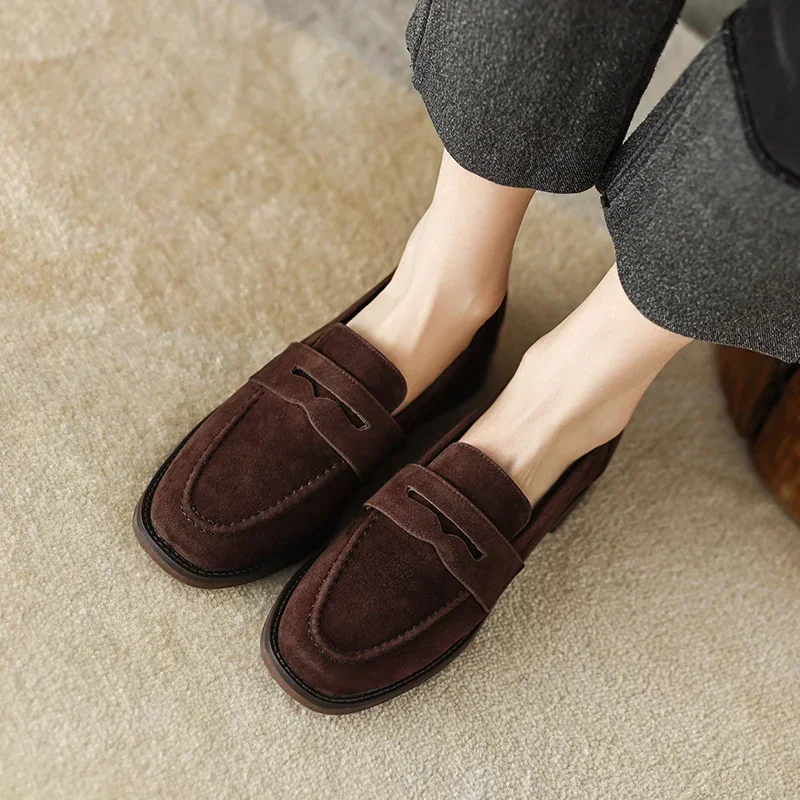 JOZHAMTA Size 34-43 Women Casual Flats Loafers Suede Cow Leather Chunky Low Heels Shoes Spring 2025 Retro Slip On Daily Office