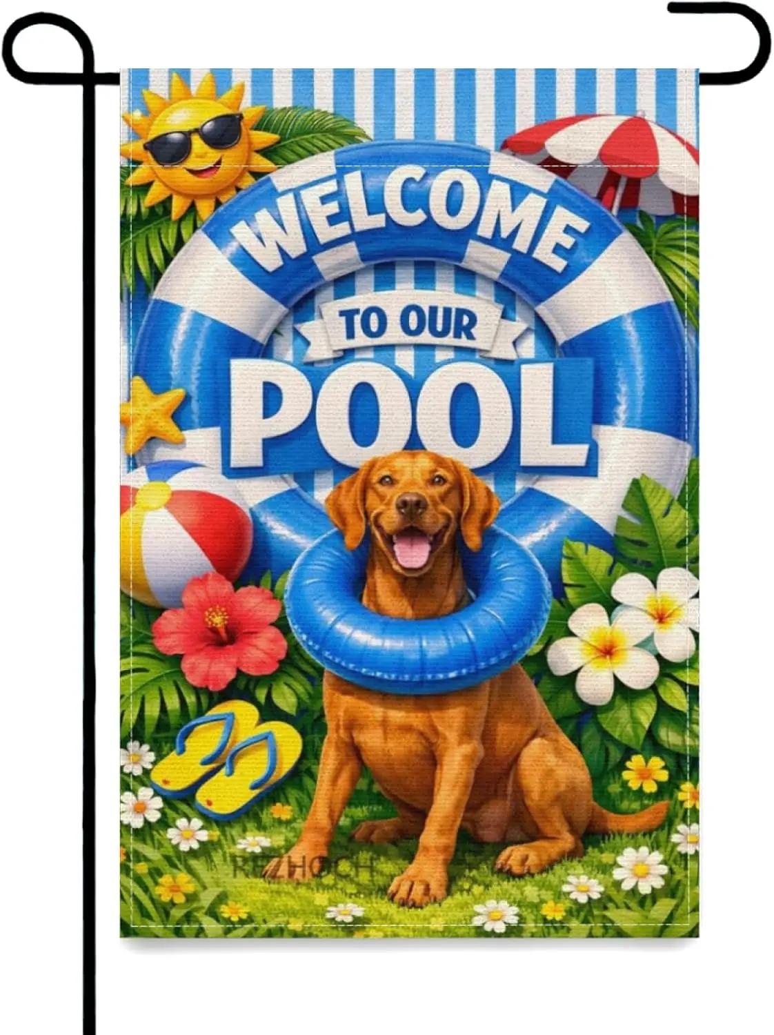 Summer Garden Flag 12x18Inch,Welcome To Our Pool Funny Vizsla Blue White Lifebuoy Beach Outdoor Decor,Animal Floral Patio Ya ZZM