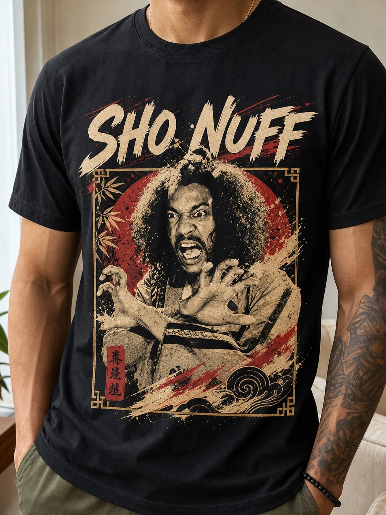 SHO NUFF Graphic Tee - Bold Black Shirt with Striking Image of Curly-Haired Individual in Dynamic Pose with Red Border - Unique Graphic Design for Standout Style - Perfect for Casual Wear