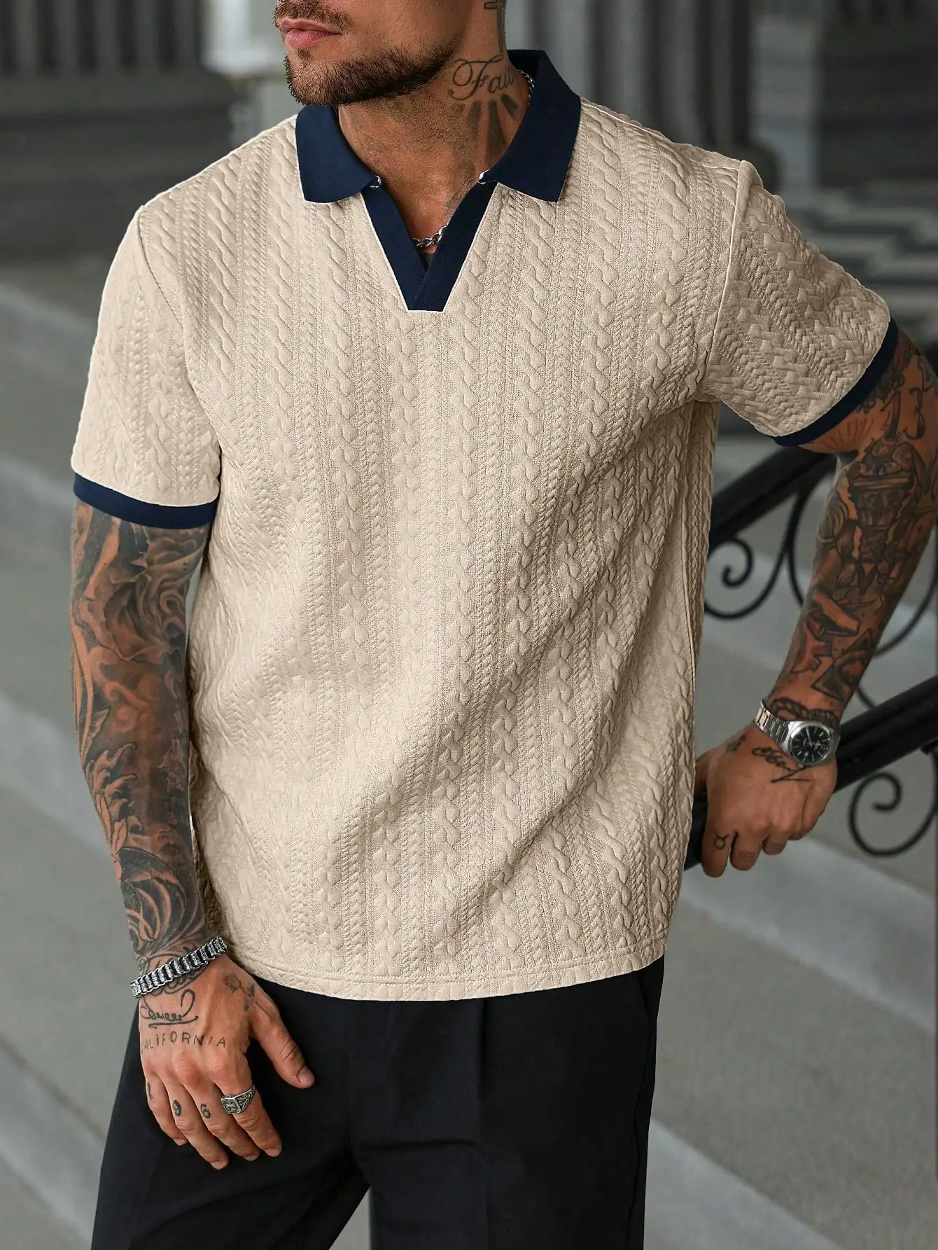 Cream Textured Knit Polo Shirt with Navy Collar and Cuffs, Short Sleeve Casual Men's Top
