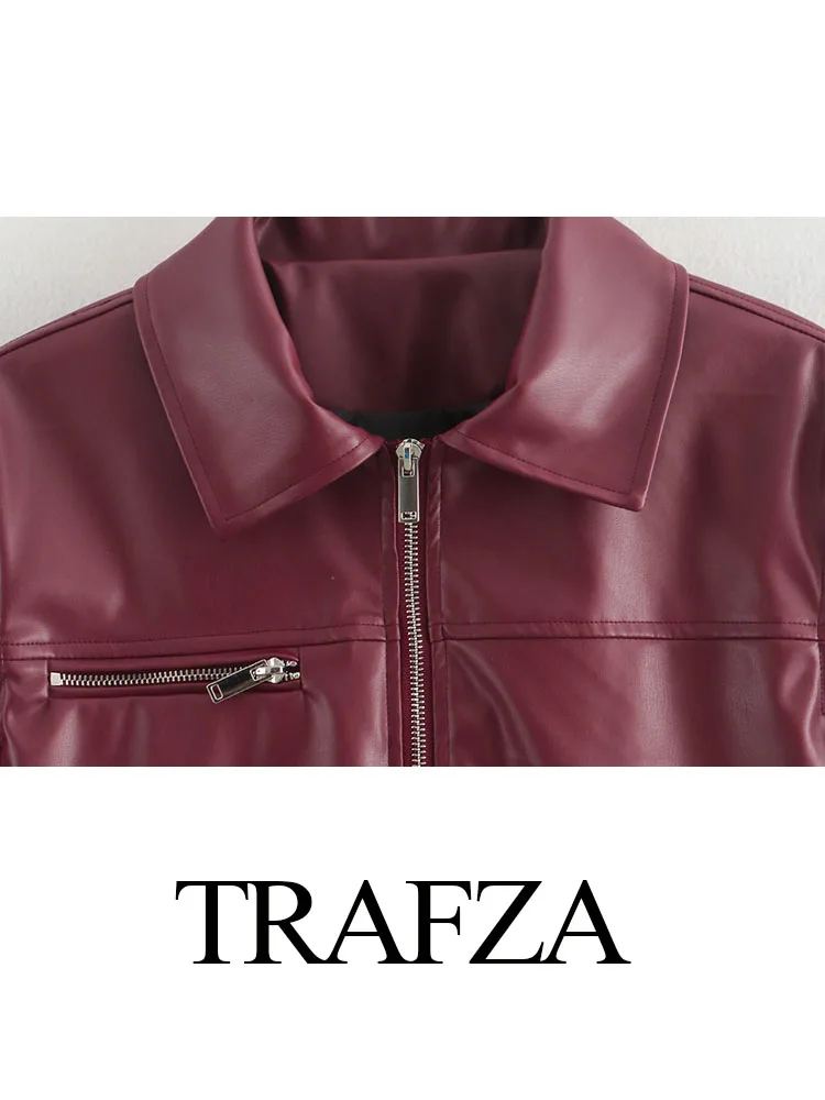 TRAFZA Women Lapel Zipper Long Sleeve Pockets Design Red Wine Coats Fashion Woman Autumn Casual Loose Jacket Coats Streetwear