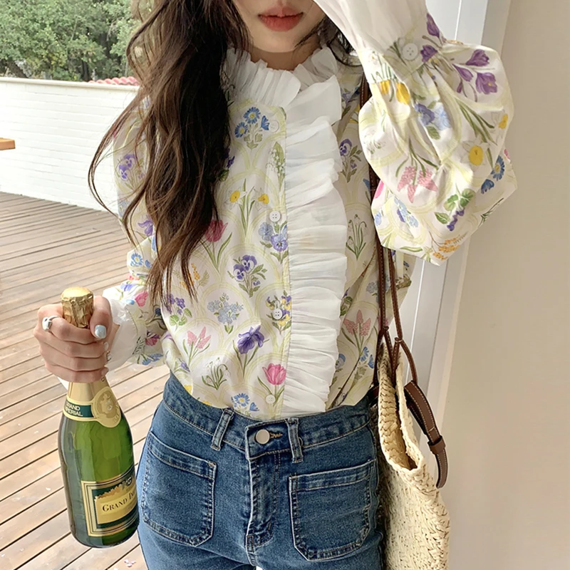 Neploe Korean Chic Summer French Romantic Blouses High Neck Panel Ruffle Blusas Pattern Print Flare Sleeve Sweet Cute Shirts