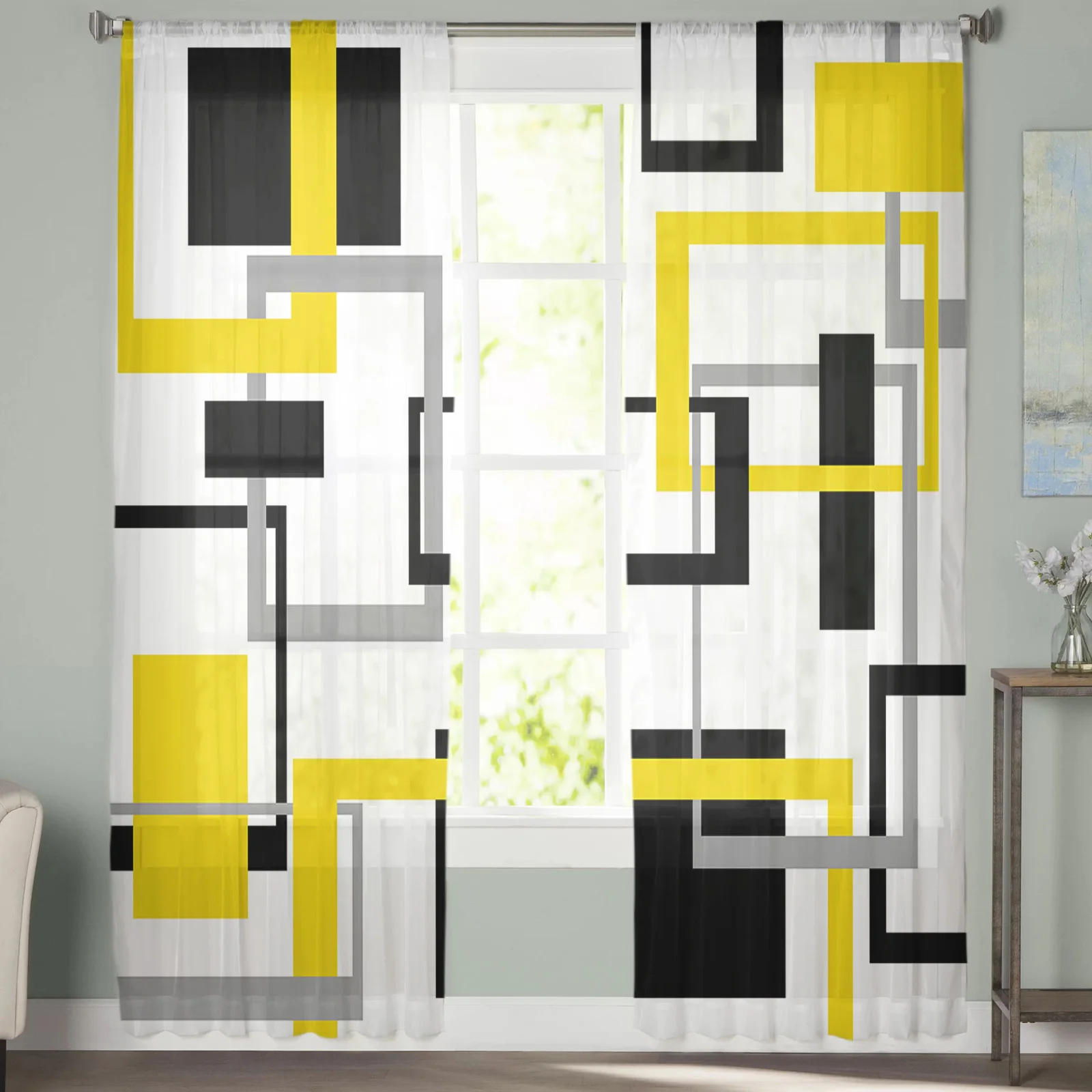 Abstract Geometric Black Yellow Tulle Sheer Curtain for Living Room Adults Bedroom Drapes Kitchen Voile Organza Decor Curtains