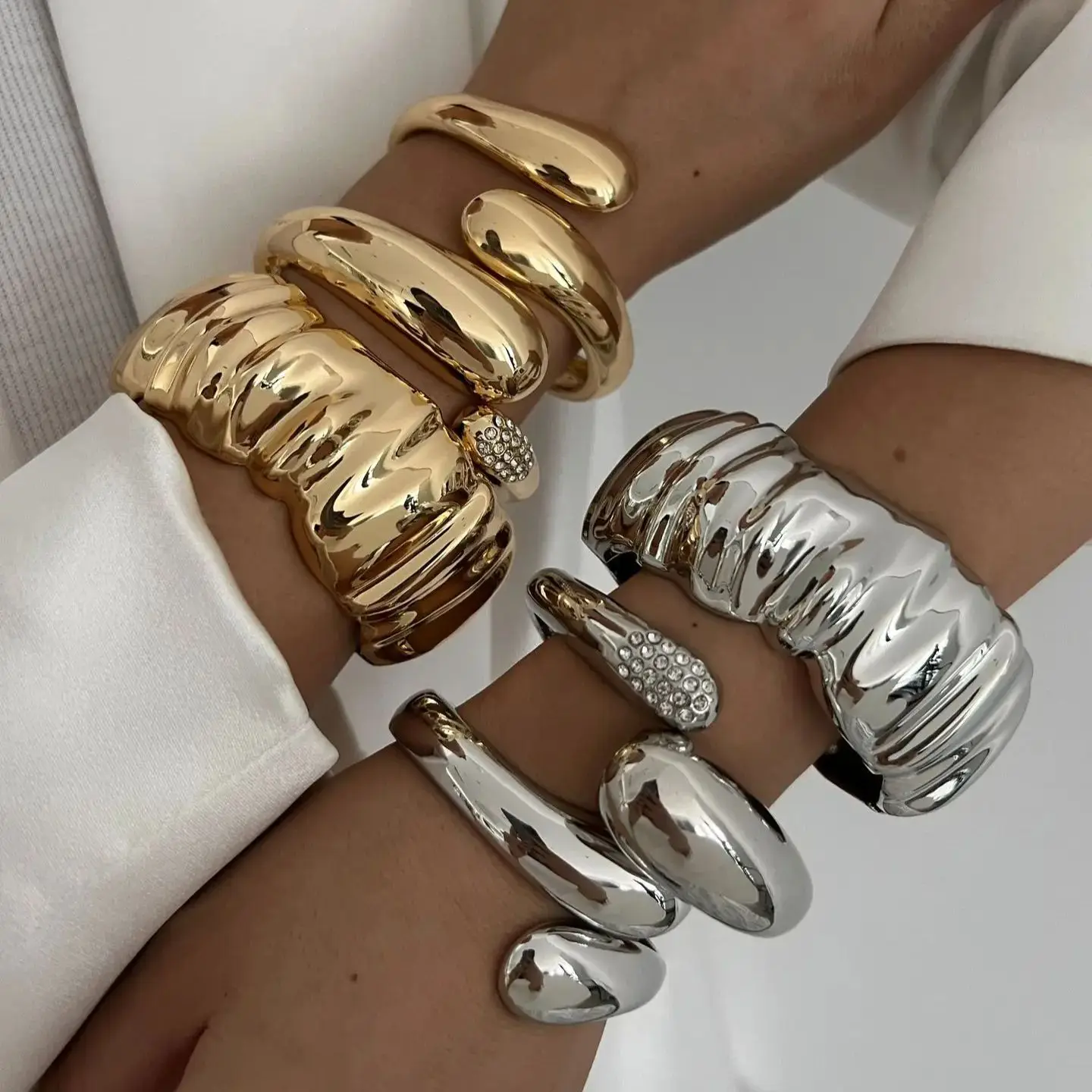 DIEZI Hip Hop Water Drop Cuff Wide Bangles Vintage Punk Gold Silver Color Geometric Spring Bangles Women Bracelets Men Jewelry