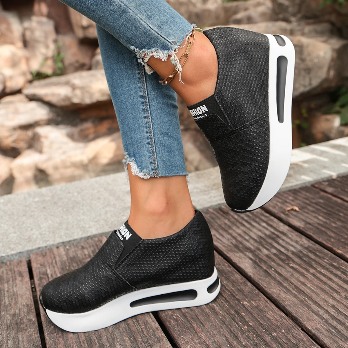 Damen-Sneaker mit verstecktem Absatz zur Erhöhung der Körpergröße, atmungsaktives Mesh, Slip-On-Plattform, lässige Alltagsschuhe zum Gehen. – Detail 9