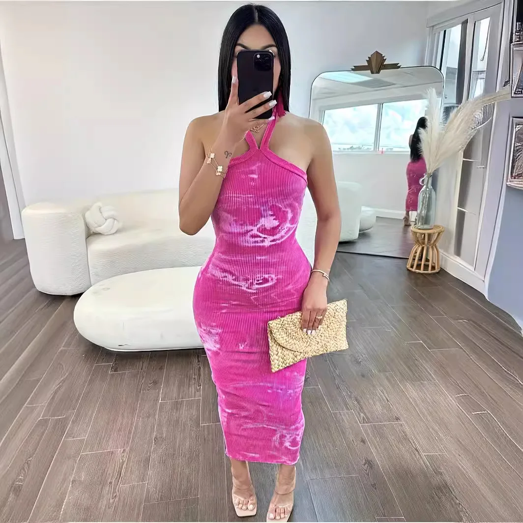 

2024 Summer Halter Print Slim Elegant Maxi Dress Women Sexy Sleeveless Backless Strapless Bodycon Long Robe Party Streetwear