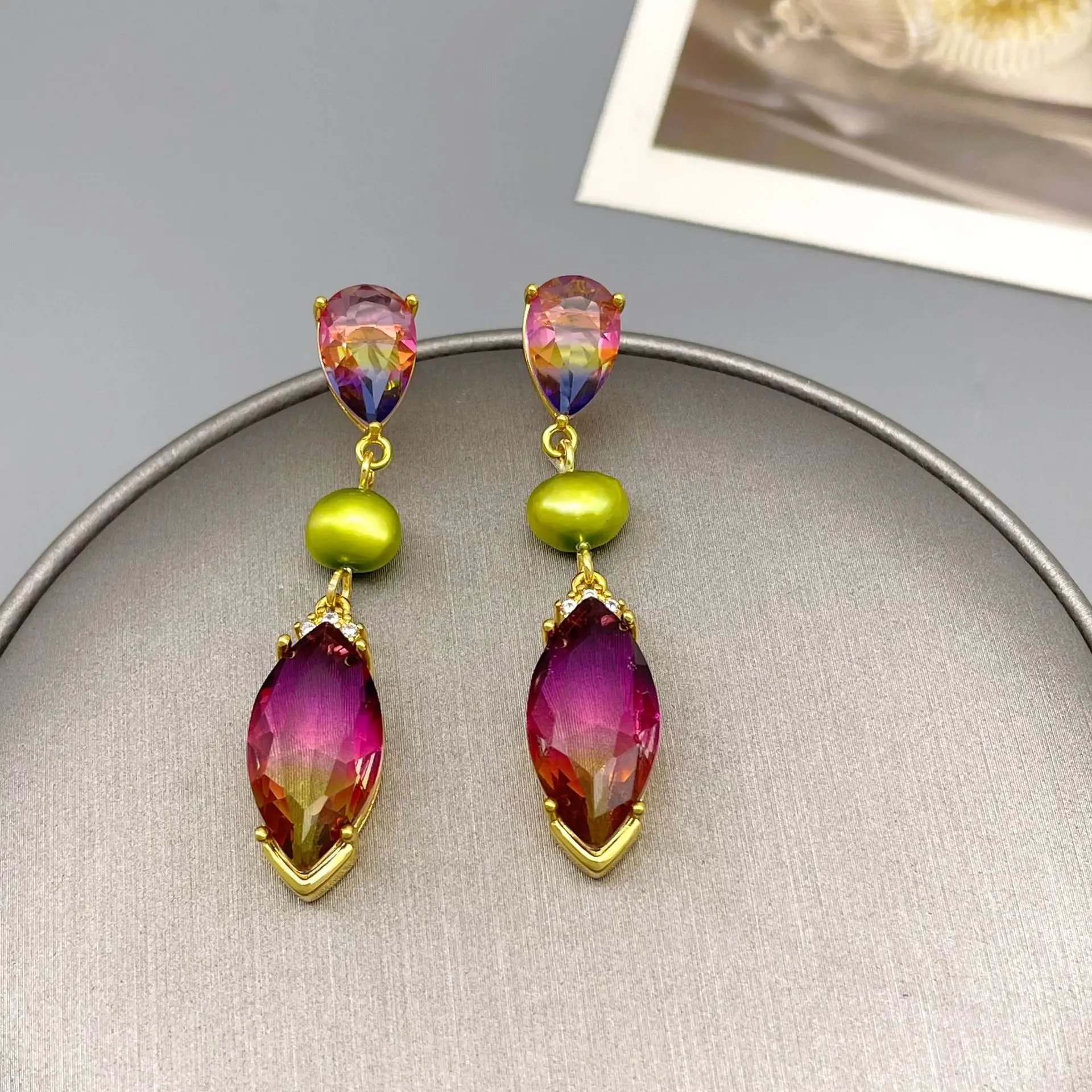 

Japan and South Korea's new water drop colorful crystal freshwater pearl fringed earrings