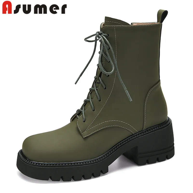 

ASUMER 2024 New Genuine Leather Winter Boots Woman Thick High Heels Platform Dress Shoes Ladies Cross Tied Ankle Boots