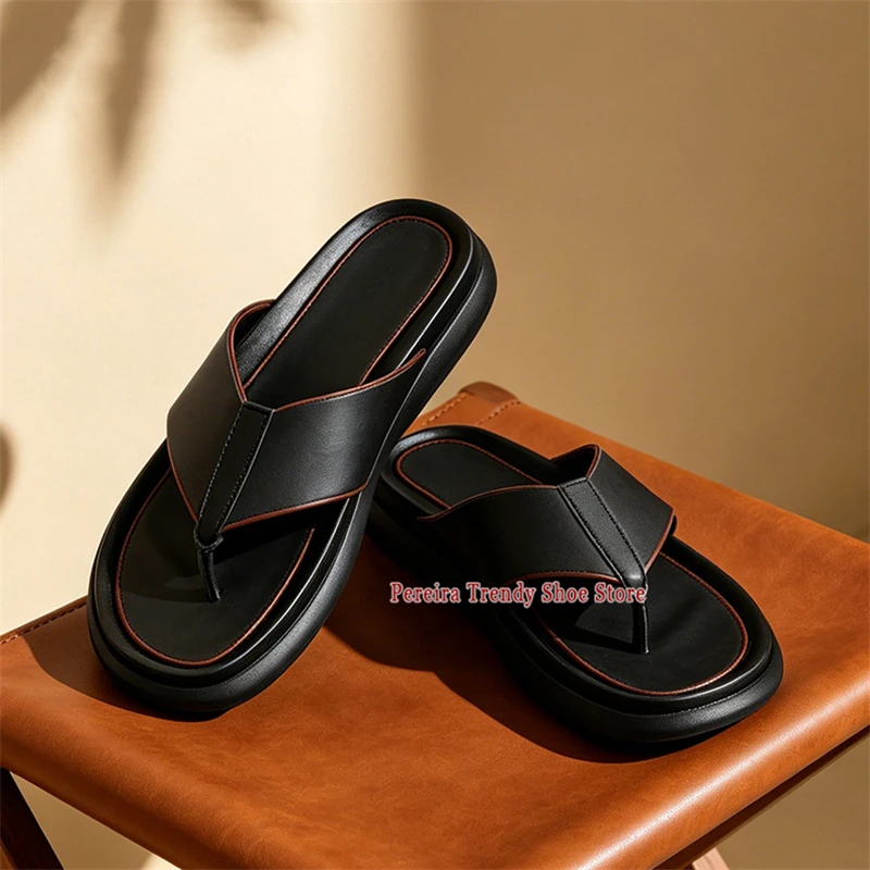 Men's Genuine Leather Thick Soled Flip Flops Fashion Concise Breathable Casual Slippers Summer Trendy Outdoor Beach Flat Shoes