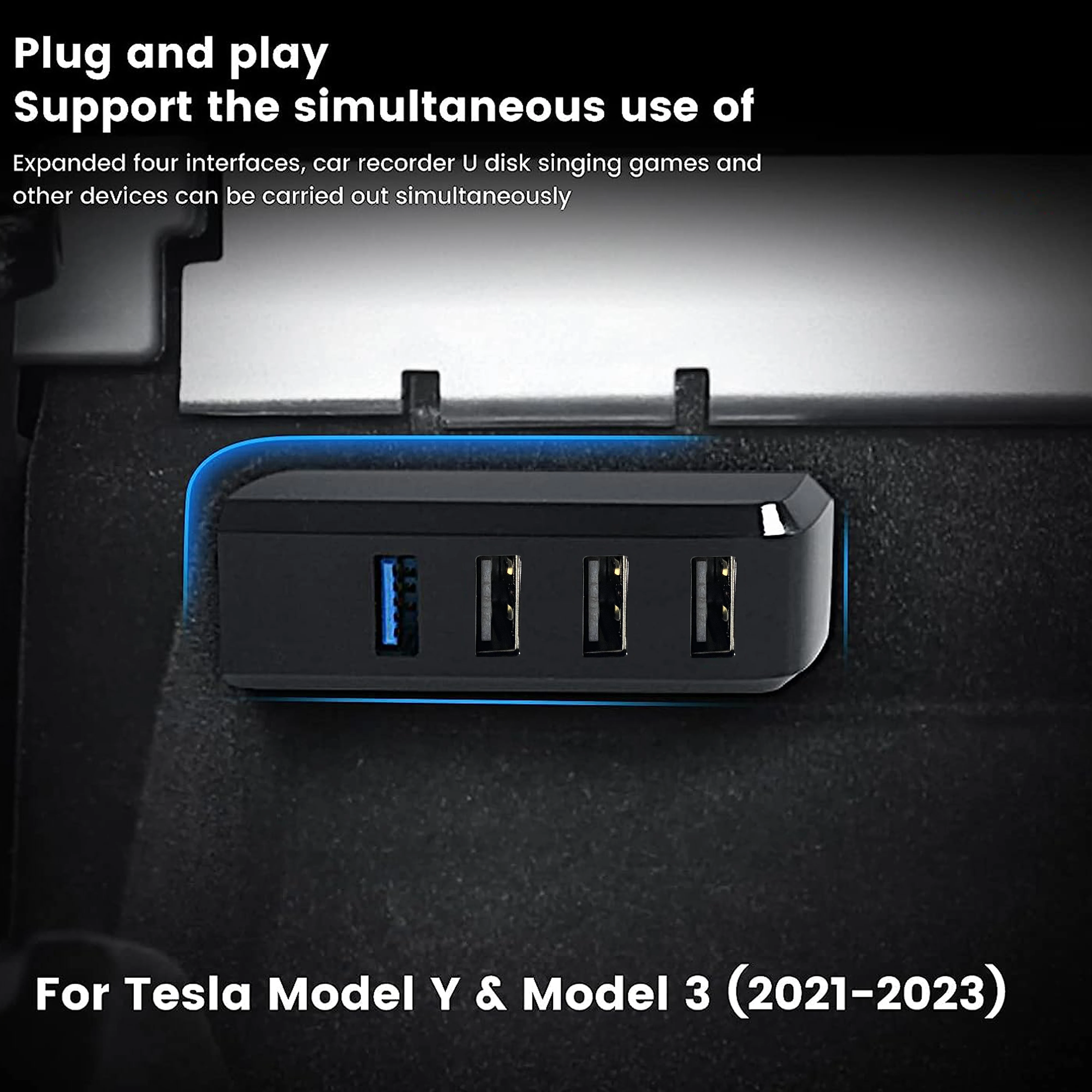 กล่องถุงมือฮับ USB สำหรับ Tesla รุ่น3/Y 2021-2023, 4-in-1กล้องติดรถยนต์ที่ชาร์จแฟลชไดร์ฟกล่องแท่นวางมือถือสำหรับ TESL