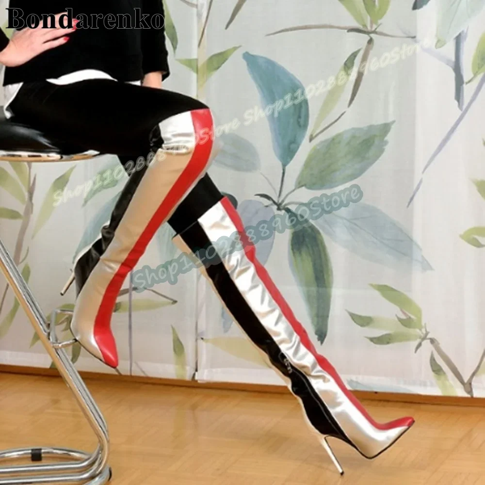 

Knee High Mixed Leather Splicing Pointy Boots Stilettos High Heel Women Shoes Side Zipper Pointed Toe Fashion Zapatos Para Mujer