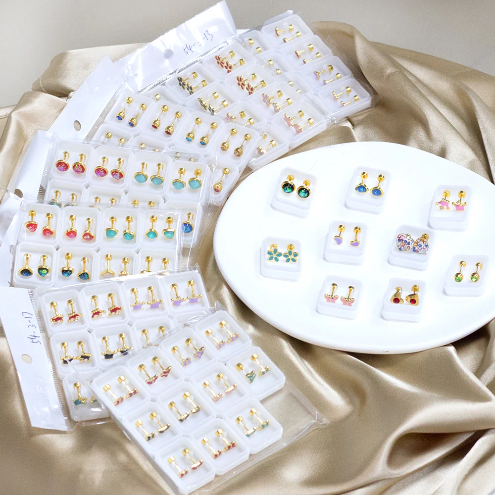 LUXUSTEEL 12 Pairs/Lot Stainless Steel Stud Earrings For Women Crystal CZ Flower Heart Colorful Cute Ear Jewelry Wholesale