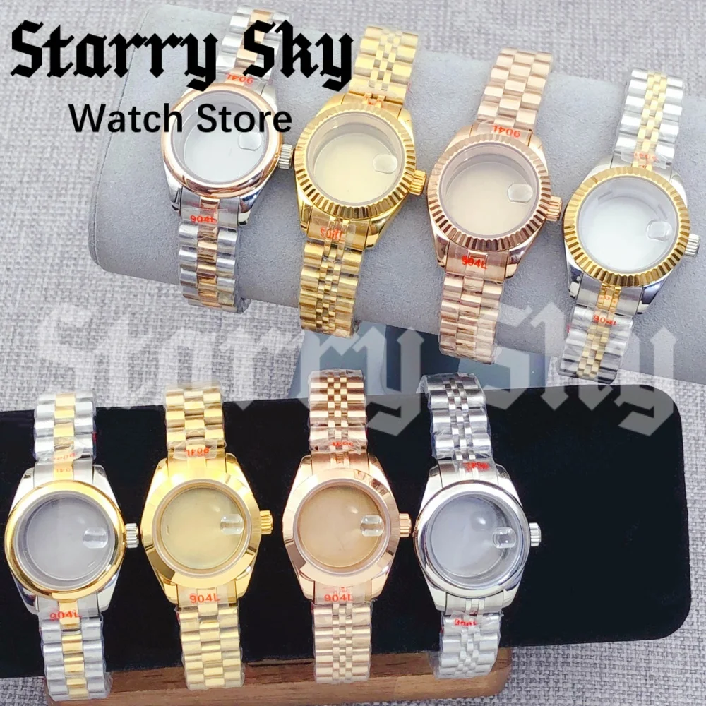 Starry Sky New 28mm Lady's Magnifier Glass Waterproof Watch Case With President Strap Suitable For NH05 Movement Watch Accessory