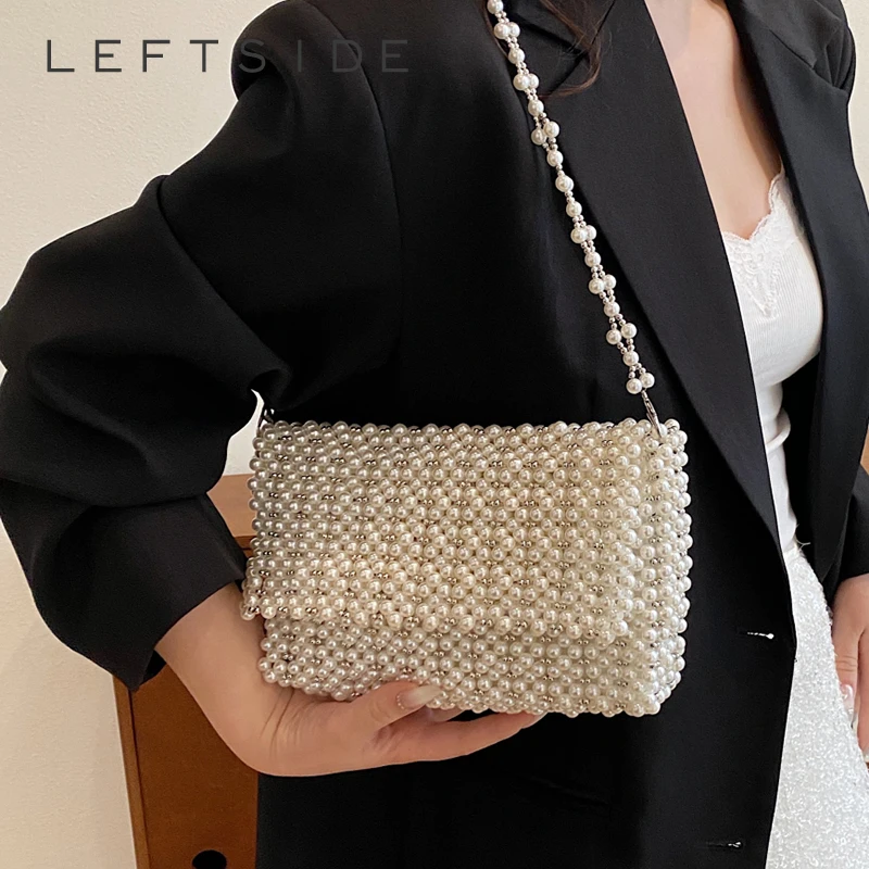 

LEFTSIDE Small PU Leather Underarm Bag for Women 2024 Korean Fashion Luxury Trend Beaded Handbags and Purses Lady Shoulder Bag