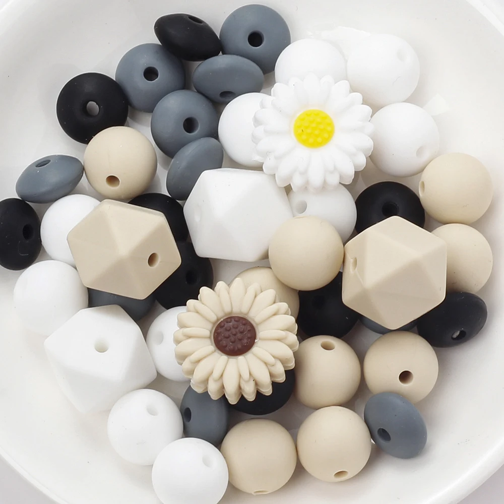 60Pcs Silicone Beads Set Flower Octagonal Round Teething Beads For DIY Handmade Baby Necklace Bracelet Pacifier Chain Accessorie