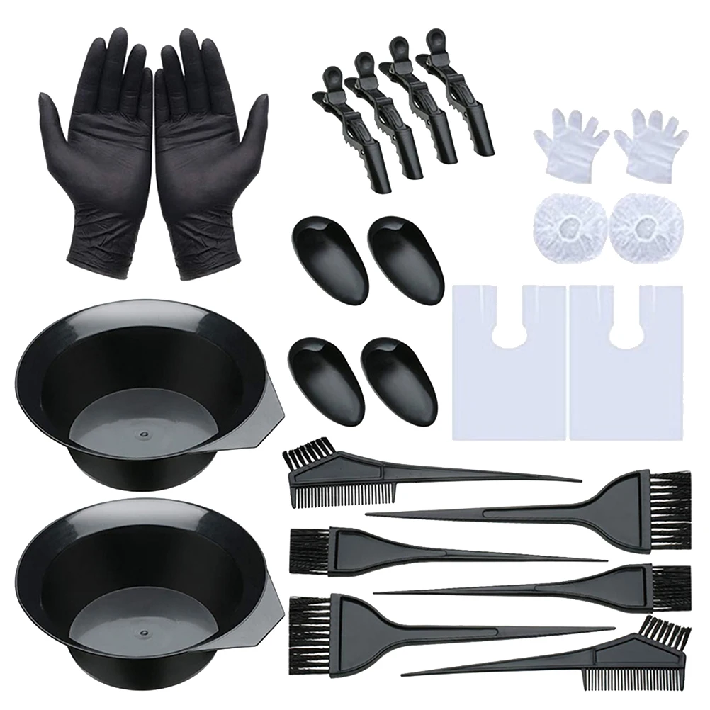 

24pcs Hair Color Kit 2 Bowls Brushes 2 Combs 4 Earmuffs 4 Clips Gloves Shawls Caps for DIY Salon Dyeing Tools Accessories