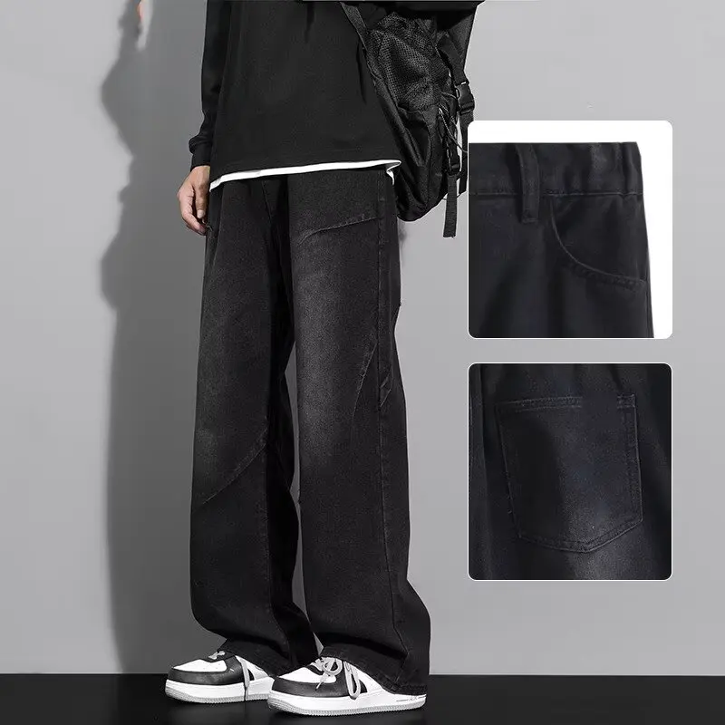 2025 nouveaux jeans hommes printemps et automne rétro lâche jambe droite pantalons décontractés marque de mode américaine haute rue couteau incurvé casserole