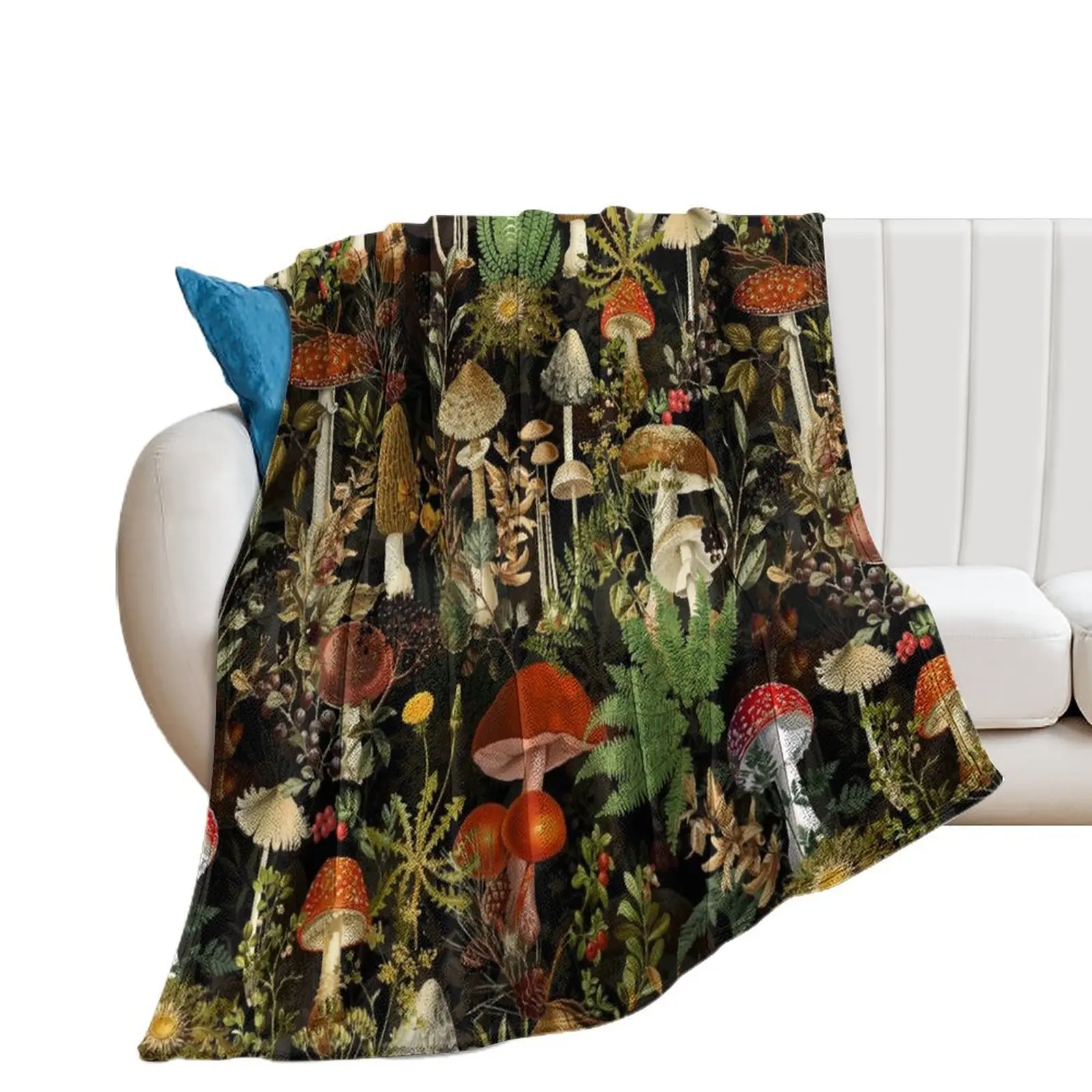 

Vintage Mushrooms Forest Botanical Pattern - Black Colorful Throw Blanket bed plaid Comforter For Baby heavy to sleep Blankets