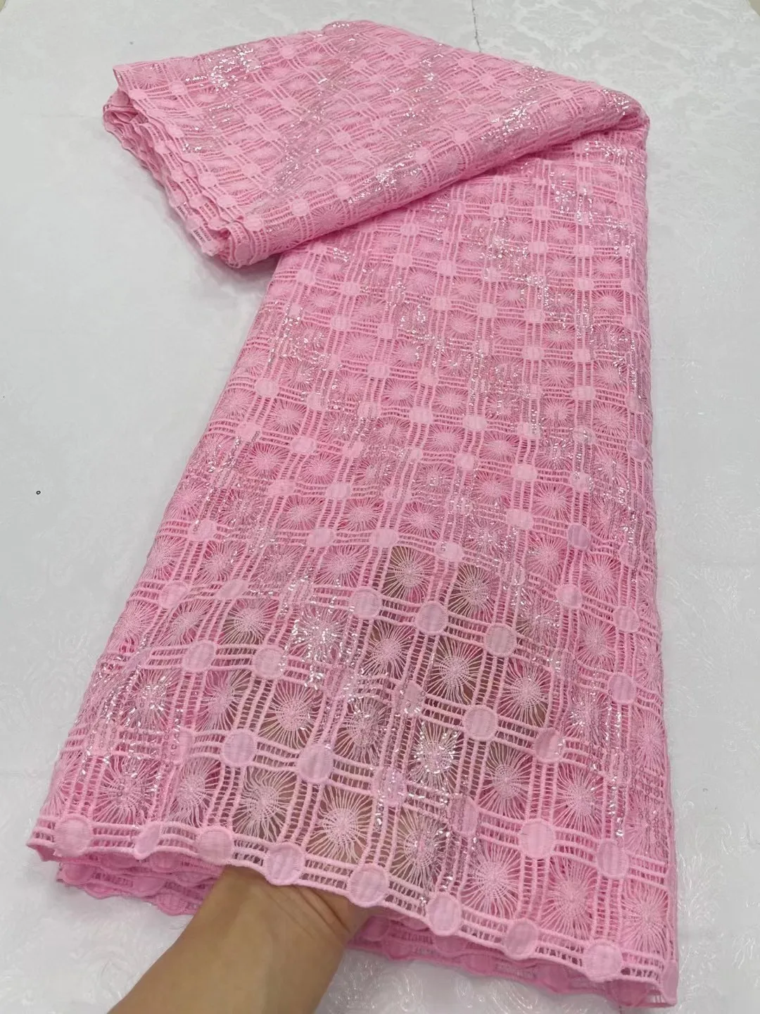

5 Yards African Pink Sequins Fabrics Guipure Cord Embroidery For Women Sewing Party Dresses Water Soluble Cotton Lace Fabric