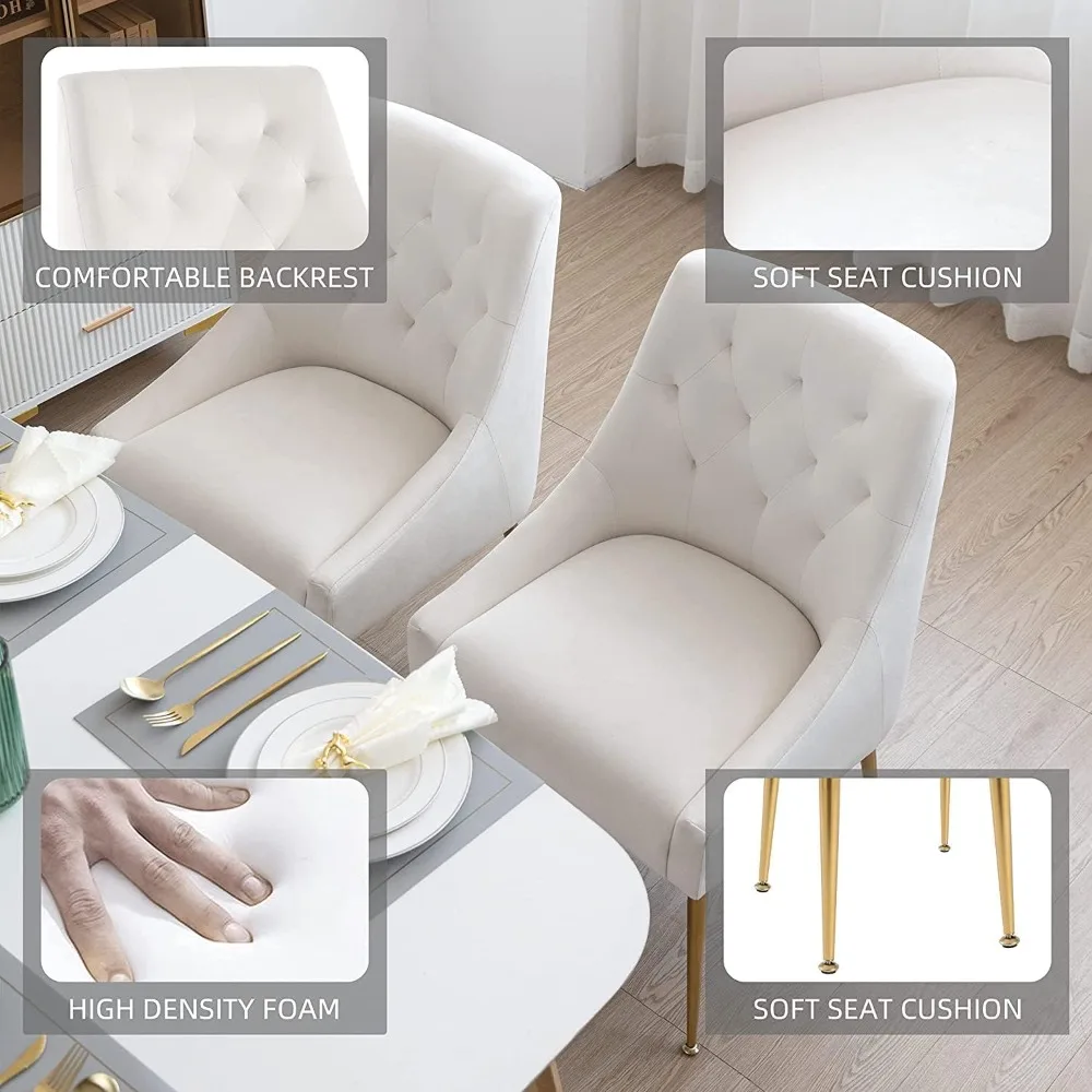 Modern Dining Chair Set of 6 with 5.12 Inch Cushions and Gold Legs with Pull-Out Backrest for Kitchen, Living Room (Off-White)