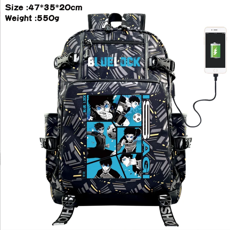 Anime Blue Lock Backpack Teenarges Schoolbag Children USB Charging Port Laptop Travel Bags Large Capacity Camouflage Mochila