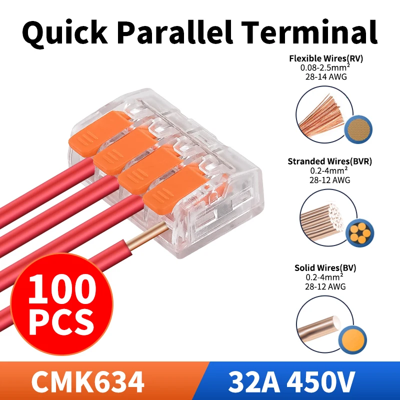 

Клеммный блок JINH CMK634, 100 шт., рычажный тип, для параллельного соединения проводов, простая установка, компактный, быстрозажимной, 4 отверстия