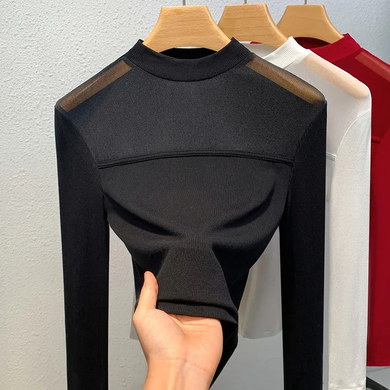 Fashion Casual Mesh Stitching Black Bottoming Shirt for Women Half Turtleneck Slim Long Sleeve T-shirt for Women