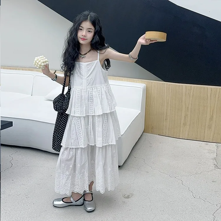 2025 summer white big girl dress child Korean suspender skirt junior kids western-style cake skirt teen Princess Dresses 130-180