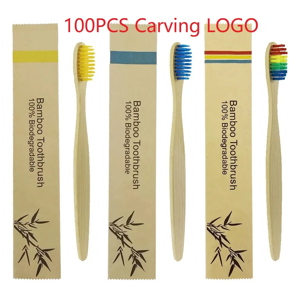 100Pcs Bamboo Toothbrushes Eco Friendly Resuable Toothbrush Adult Wooden Soft Tooth Brush Customized Laser Engraving Logo