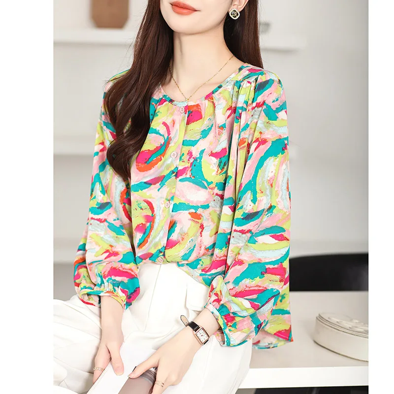 Women Clothing Fashion Hand-Painted Print Chiffon Shirt Spring Summer Casual Loose O-neck Lantern Sleeve Blouse Chic Button Tops