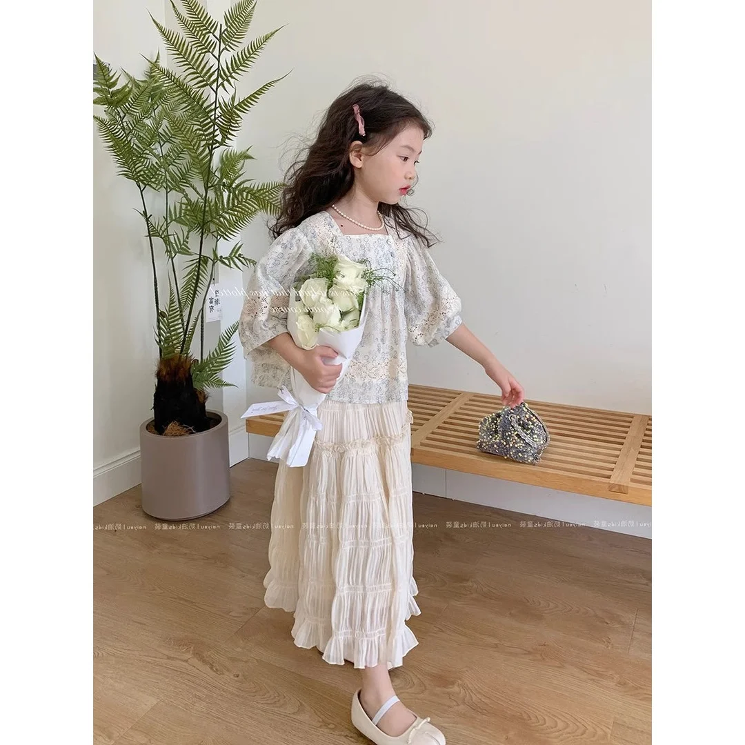 

Girls Summer Set 2024 New Korean Solid Lace Top and Skirt Two Pieces Casual and Comfortable Girls Clothing for Outdoor