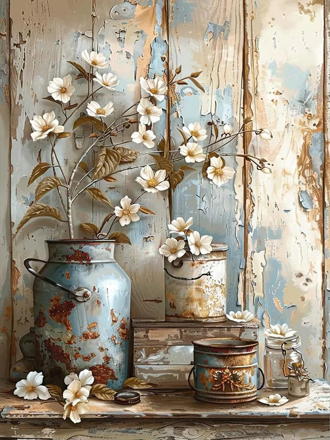 quebra-cabeca-vintage-de-madeira-com-estampa-de-flor-branca-em-lata-decoracao-de-parede-floral-antiga-estilo-shabby-chic-para-casa-de-campo